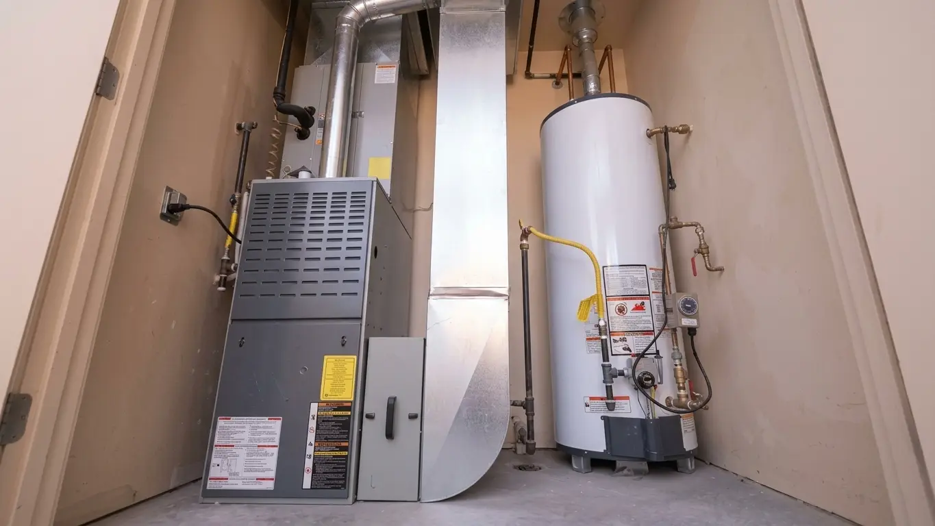 Furnace and water heater in a utility room corner