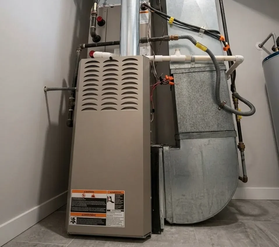 Modern HVAC system with furnace and ductwork in a utility room.