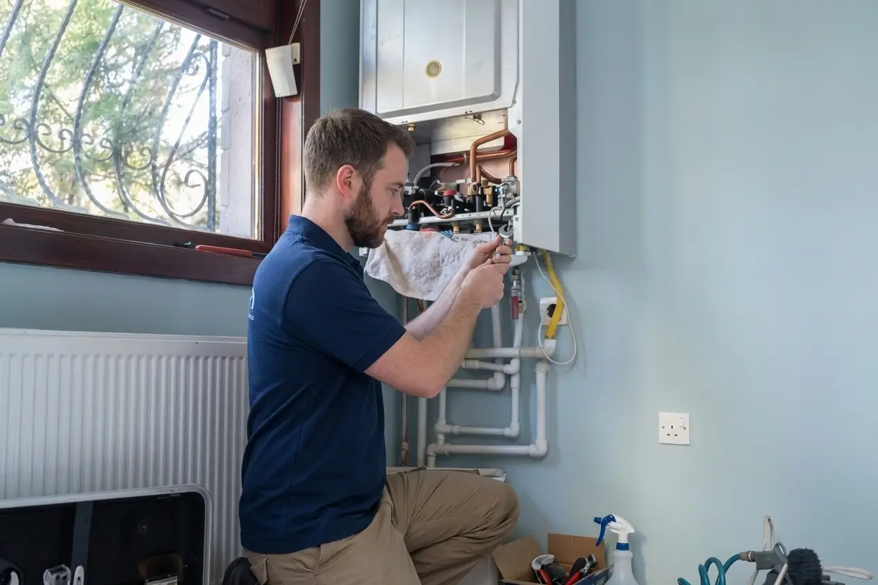 Technician repairing a heating system in a residential setting.
