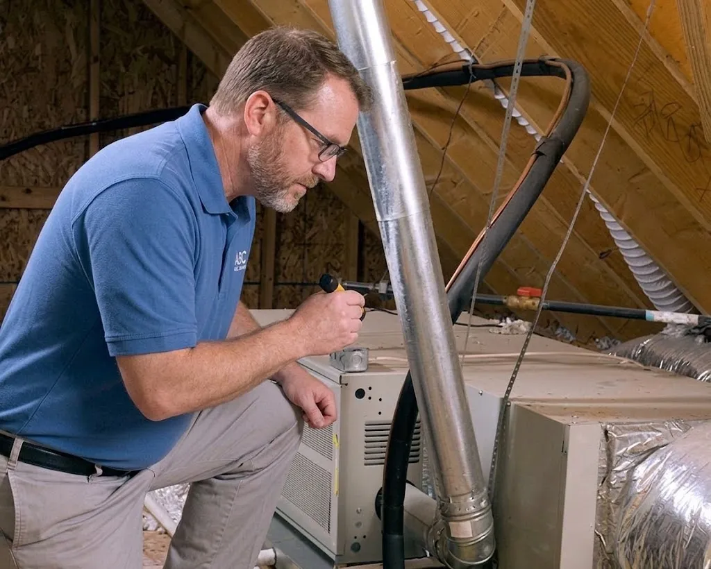 Technician inspecting HVAC system in an attic.
