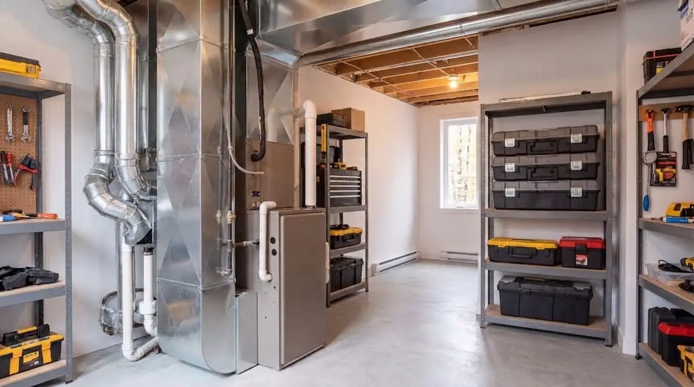Organized workshop with tools, shelves, and a furnace in a well-lit space.