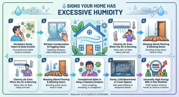 Infographic illustrating signs of excessive humidity in the home.