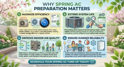 Infographic on spring AC preparation tips for efficiency and reliability.