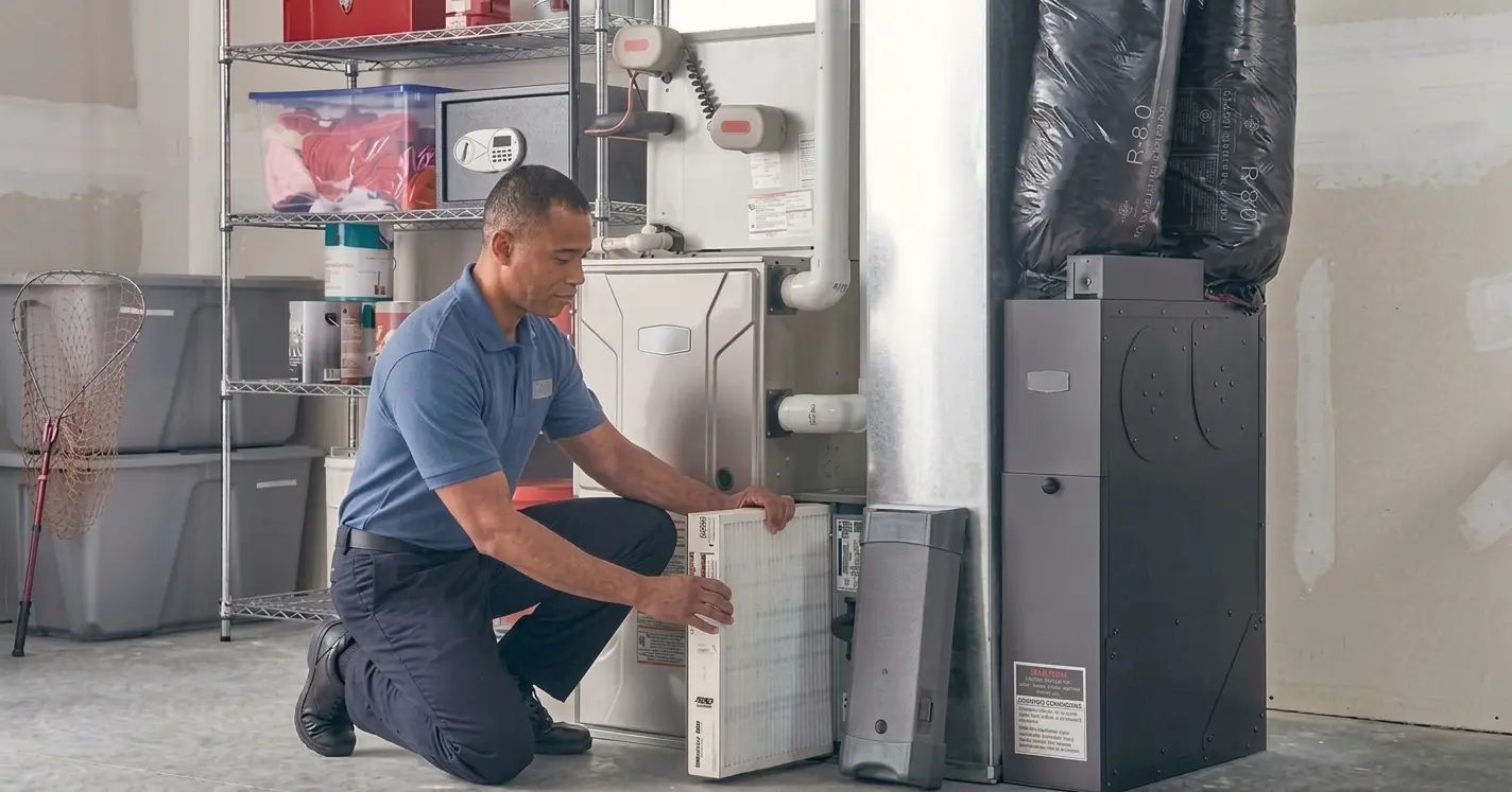 Technician replacing an air filter in a residential HVAC system.