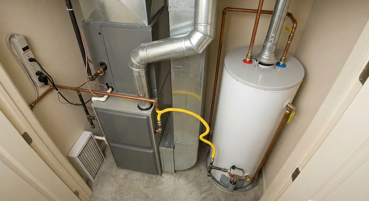 Boiler Repair & Installation Norwalk CT: Elevated View of Professional Furnace and Water Heater Mechanical Closet Installations. Home utility room with a furnace, water heater, and copper piping.