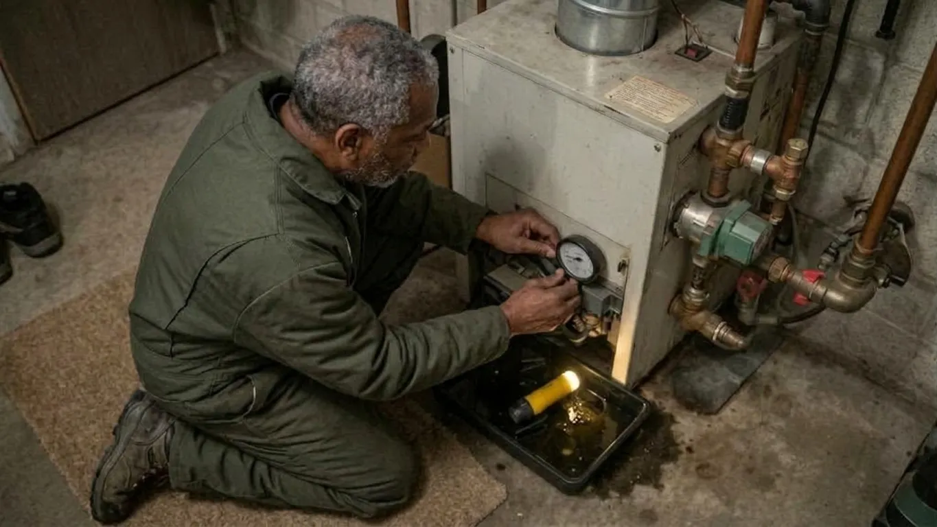Expert technician performs Boiler Repair & Installation Norwalk CT, checking pressure gauge on equipment in basement. Man inspecting a furnace gauge in a basement setting.