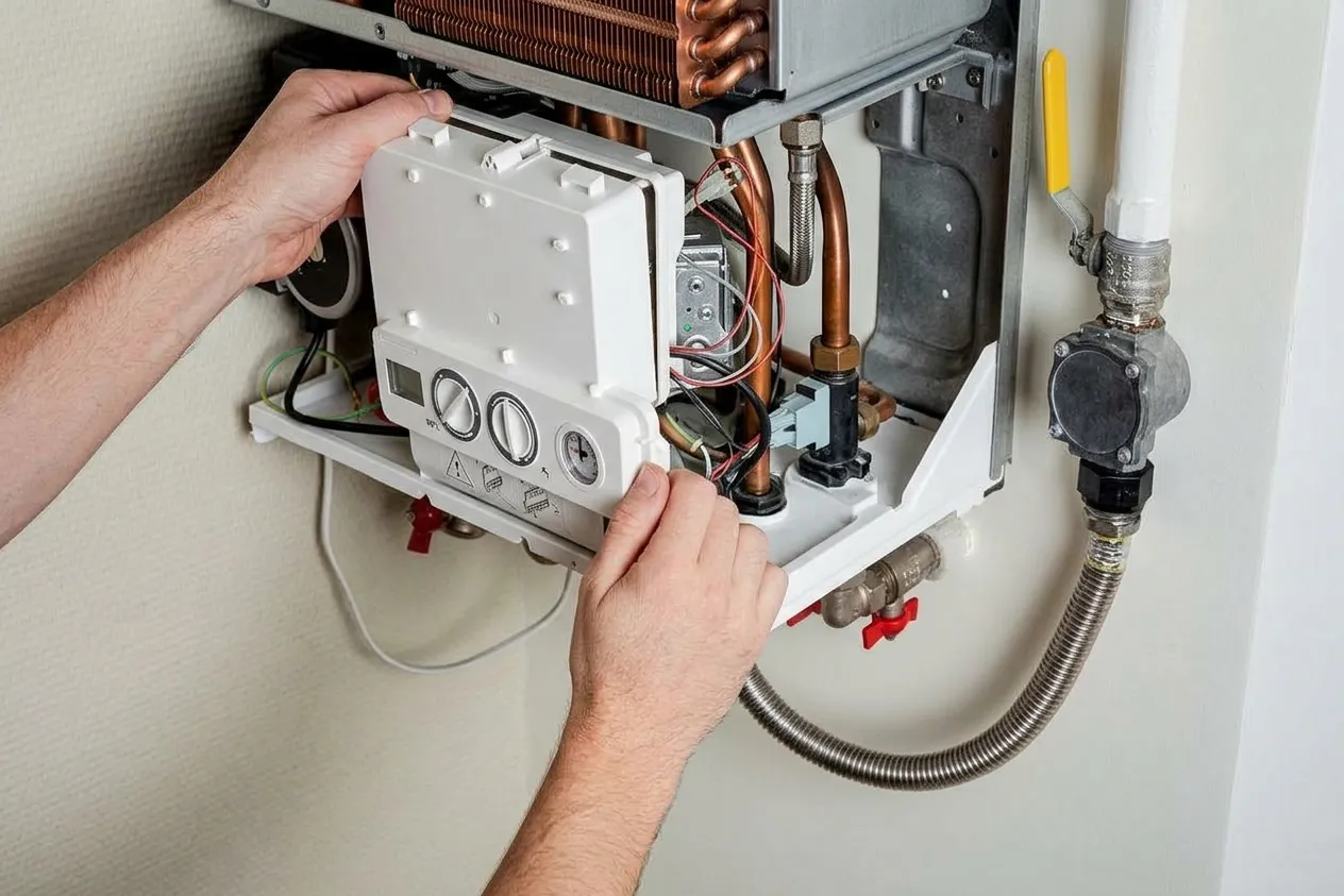 Close-up of hands adjusting a heating system control panel.